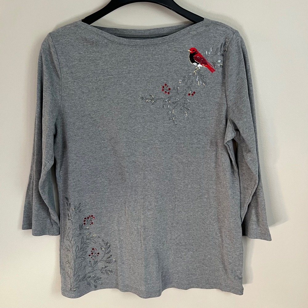 Croft & Barrow Women XL Gray Embroidered Red Bird Rhinestone Top 3/4 Sleeve